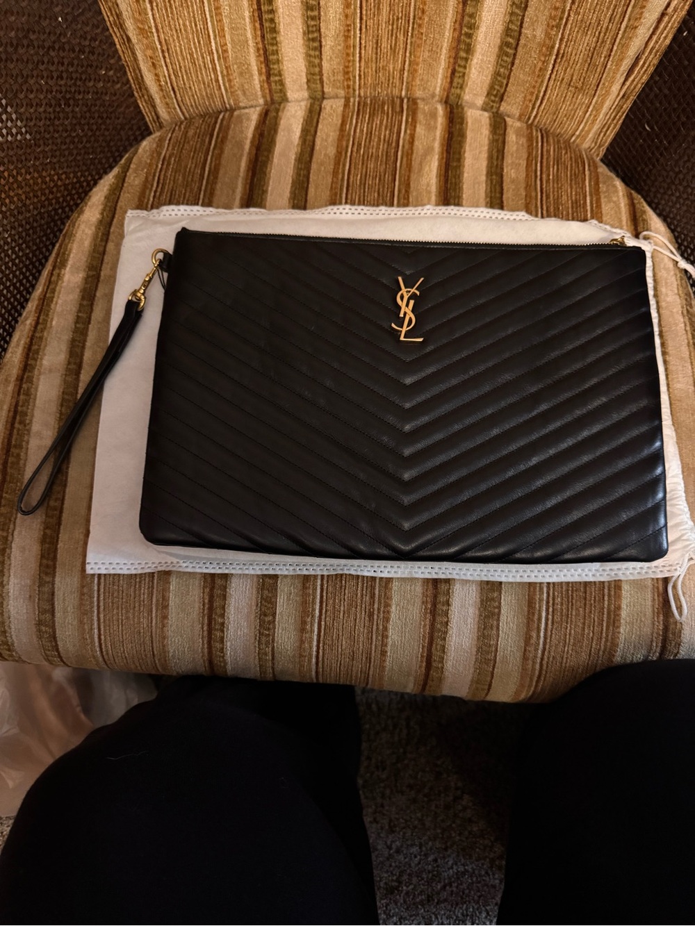 Saint Laurent Black Chevron Quilted Leather Wrist Pouch with Gold YSL
